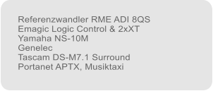 Referenzwandler RME ADI 8QS Emagic Logic Control & 2xXT Yamaha NS-10M Genelec Tascam DS-M7.1 Surround  Portanet APTX, Musiktaxi